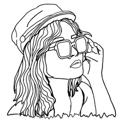 Summer Theme Woman Wearing Sunglasses Line Art Vector
