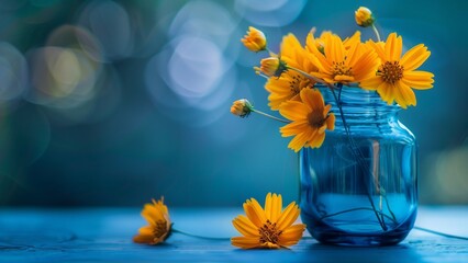 a small blue glass jar on a blurred blue background. The jar is adorned with several bright yellow flowers