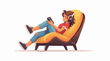 Smiling girl kid lying in armchair enjoying music melo
