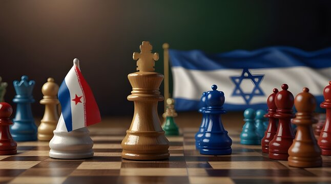 Iran and israel flags paint over on chess king .Generative AI