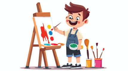 Smiling kid artist painting a piece of art on a canvas
