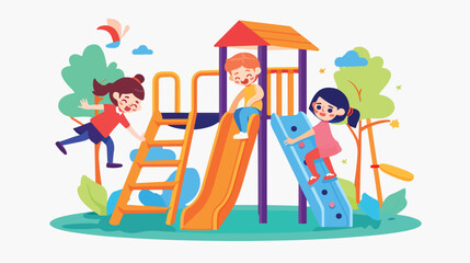 Smiling preschool girl sliding down slide and happy 