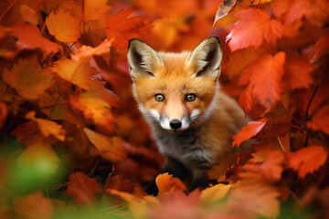 Naklejka premium An inquisitive baby fox peeking out from behind a patch of vibrant autumn leaves, its fur a mix of reds and oranges blending seamlessly with the foliage.