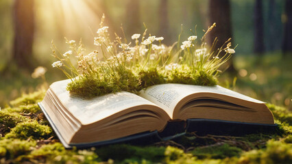 Old book lying on green moss in forest with trees in background. Open book with paper pages. Concept of knowledge, wisdom, fairy tales