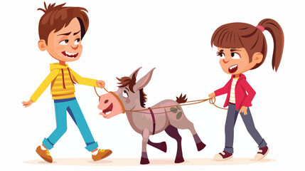 Smiling preschool kids boy pulling stubborn donkey 