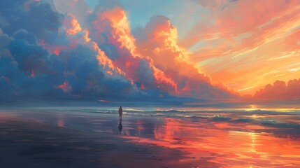 Solitary Figure Walks Along Dramatic Coastal Sunset with Billowing Clouds and Serene Ocean Waves