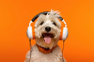 An HD-captured image of the most endearing dog, rocking stylish headphones and a modern outfit, against a joyful orange background. - obrazy, fototapety, plakaty