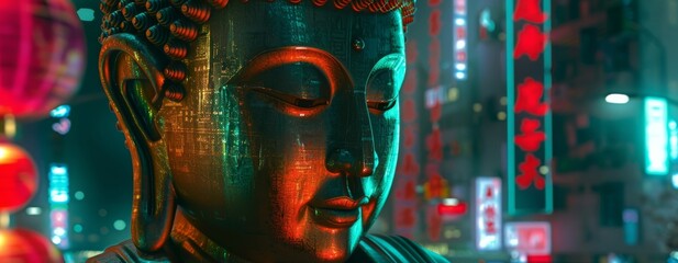 A Buddha statue in deep Zen meditation with digital matrix elements infusing the scene with a contemporary flair