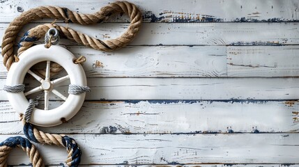 Anchor and lifebuoy on white wood table - obrazy, fototapety, plakaty