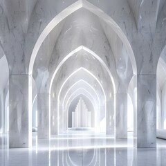 Sleek white minimalist cathedral interior marble and light interplay under arches