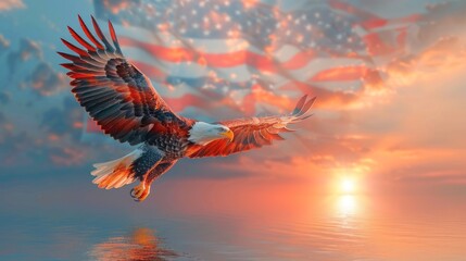 A striking image of a North American bald eagle against the backdrop of the American flag, created using a double exposure effect, with the hues of a sunset in the background. - obrazy, fototapety, plakaty