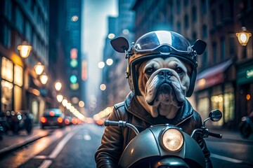 
Brutal dog Bullterier in helmet on motorbike - obrazy, fototapety, plakaty