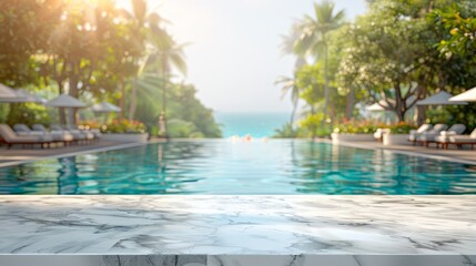 Empty white marble stone table top and blurred swimming pool in tropical resort in summer banner background