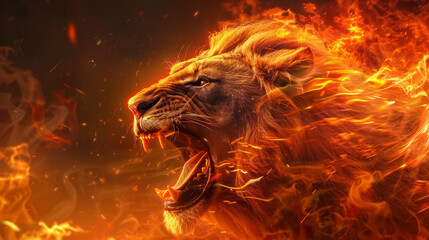 Lion Roaring. Terrible. Head of Lion with a fiery mane. The majestic King of beasts with a flaming,...
