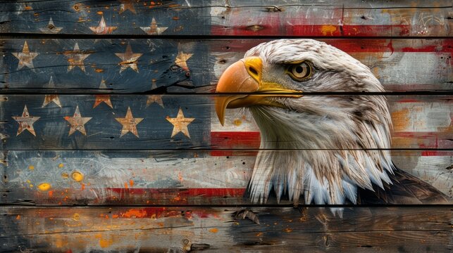 Faded vintage american flag and bald eagle painted on the weathered wood side of a barn