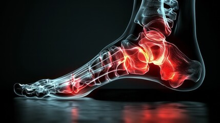 Human foot ankle and leg in x-ray. on gray background. The foot ankle is highlighted by red colour.