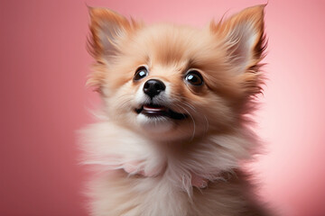 An endearing peach-colored Pomeranian puppy gazing curiously against a dreamy pink background.