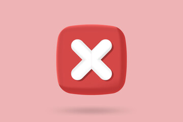 3d minimal icon of Red cross checkmark button. Cancel sign, Cross symbol, Blot and ban icon, Against and refusal, wrong, rejection, incorrect and disapproval