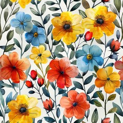 Handpainted multicolored watercolor flowers on a seamless pattern