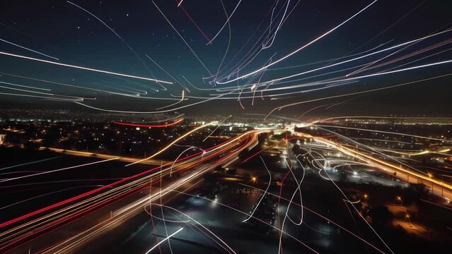 Long exposure captures the golden, glowing light trails of car headlights and taillights streaming through the city at night. 