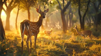 Ethical wildlife tour, early morning light, gentle interactions with animals, heartwarming and peaceful - obrazy, fototapety, plakaty