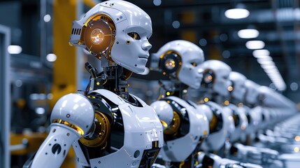 Fototapeta premium Collaborative robot workers in an assembly line, industrial setting, vibrant mechanical movements, sharp focus