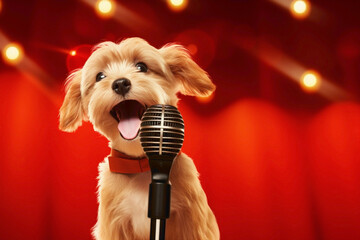 An endearing dog with soulful eyes, singing a melodious song while holding a tiny microphone in front of an enthusiastic audience.  - obrazy, fototapety, plakaty