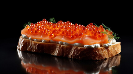 Beautiful red caviar and smocked salmon sandwich isolated on a dark background. Bread toasted canapes. Generative AI