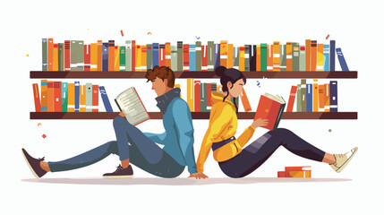 Two young people man  woman couple reading books toge