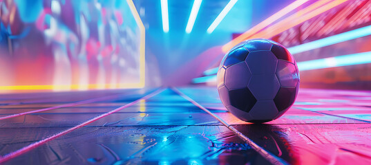 Futuristic soccer ball in colorful stadium. Generative ai design art concept.