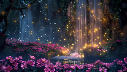 Glowing fireflies in a fairytale garden. Generative ai design concept art.