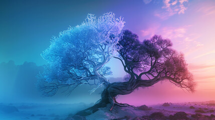 Brain tree with twilight hues transitions from logical blue to mystical creative purple.