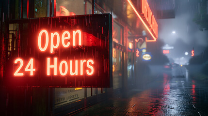 A glowing neon sign that reads "Open 24 Hours" in bright red letters, hanging in a dimly lit. 32k, full ultra hd, high resolution