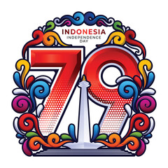 Dirgahayu Republik Indonesia Ke 79, with Monas monument and colorful caligraphic ornament design