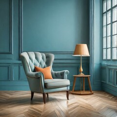 Minimalist Charm: Armchair Against Empty Blue Wall Interior"