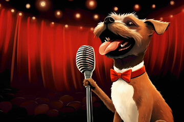 An endearing dog with soulful eyes, singing a melodious song while holding a tiny microphone in front of an enthusiastic audience. 