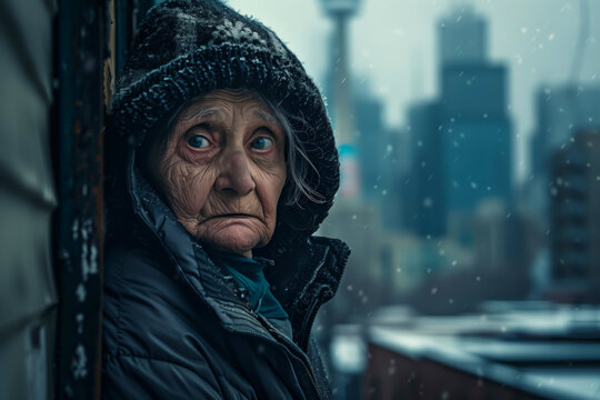.A destitute elderly woman huddles in a doorway for shelter from the biting cold, her hollow eyes reflecting the harsh realities of life on the streets