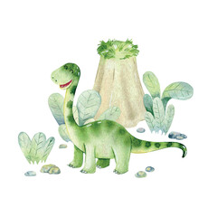 Vector watercolor dinosaur. Hand drawn illustration with brontosaurus.