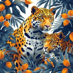 Leopards and tropical plants on a white background in a digital drawing pattern