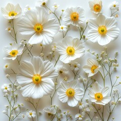 The white background of the meadow is adorned with beautiful flowers