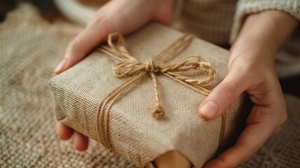 Hands packaging a gift in ecofriendly material, closeup, soft focus, warm beige tones
