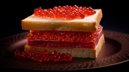 Beautiful red caviar and smocked salmon sandwich isolated on a dark background. Bread toasted canapes. Generative AI