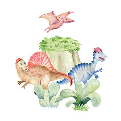 Vector watercolor dinosaurs for invitation card, nursery poster and other. - 785043149