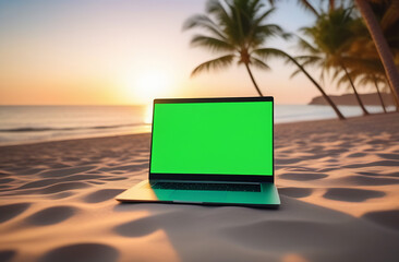 Mockup image of laptop with blank green screen on a sandy beach under palm trees. Advertising layout for a travel agency