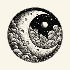 moon sketch old engraving vector illustration. hand drawn vintage moon old engraving vector illustration