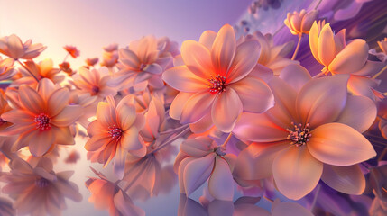 Soft peach to vivid tangerine 3D blooms evoke twilight's serene beauty.