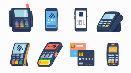 Wireless business payment flat icon set. Wireless POS