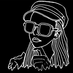 Summer Theme Woman Wearing Sunglasses White Line Art Vector