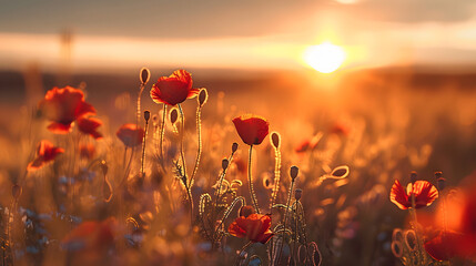 Beautiful nature background with red poppy flower poppy in the sunset in the field. Remembrance day, Veterans day, lest we forget concept. - obrazy, fototapety, plakaty