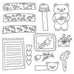 Line signs and symbols for organized your planner. Template for stickers, scrapbooking, wrapping, notebooks, diary. Outline spring pastel beauty collection. Vector cute cartoon illustration.